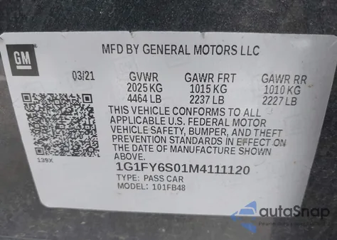 2021 Chevrolet Bolt Ev Fwd Lt z USA, uszkodzony, nr VIN 1G1FY6S01M4111120